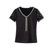 Plus Size Summer Women Blouses V Neck Black Lace Chiffon Kortärmad T-shirts s Tops och 4715 50 210506