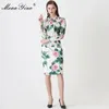 Mode Runway Sommar Två Piece Set Kvinnors Eleganta Bow Collar Bluse + Kjol Rose Flower Print Office Lady Suit 210524