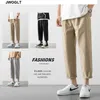 Sommar koreanska mode mens byxor streetwear hipster svart khaki grå dragsko midja raka ankellängd byxor 210528