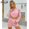 Hooded Casual Women Two Piece Sets Långärmad Drawstring Crop Hoodie Med Shorts Kvinnlig Vår Höst Sport Suit 210510