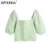 Kvinnor Mode Jacquard Cropped Stickad Sweater Vintage Square Collar Puff Sleeve Kvinna Pullovers Chic Toppar 210416