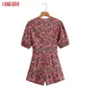 Tangada Women Vintage Vネックフローラルプレイスーツバックジッパー半袖ロンパースレディースカジュアルシックジャンプスーツ1F184 210609