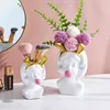 Piece Nordic Style Resin Human Face Vase Cute Girl Bubble Gum Decorative Flower Pot Succulent Flower Pot Home Tabletop Decor 210409