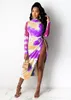秋の夏のドレス女性のカジュアルなロングタイ色の袖サイドハイスリットセクシーなファッションナイトクラブパーティー210525