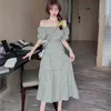 Zomer elegante dames tweedelige set Koreaanse plaid zoete slash nek korte mouw sexy top + hoge taille lange rokpak 210519