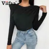 Viifaa camiseta de algodón negro con hombrera mujer otoño camisetas de manga larga o-cuello elegante oficina señoras tops 210330