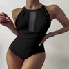 One Piece Swimsuit 2020 Sexy Mesh Patchwork Swimwear Female Solid Bodysuit Bathing Suit Summer Beach Wear Swimming Suit Monokini 1235 Z2