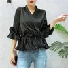 Kobiety Half Flare Rękaw Letnie Nosić Koreański Lady Vintage Bluzka V Neck Wzburzyć Satin Szyfonowa Koszula Kobiet Eleganckie Odzież 210527