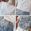 Runway Designer Suit Summer Women's Hollow Flared Sleeve Shirt Top + Hög midja Tryckt Mini Skirt Två-Piece Set 210525