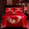 Conjunto de cama de luxo dragão phoenix bordado vermelho estilo chinês casamento 100 algodão 46 pçs princesa roupas capa edredão shee4113460