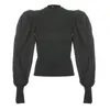Czarny dzianinowy żebrowany Y2K Top Vintage Rękaw Puffowy Łęczone Damska Koszula Z Długim Rękawem Knitwear Khaki Tee Streetwear 210415