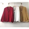 Chemises en mousseline de soie Température Femmes Manches longues Rouge Blanc Tops en V-Col V-Cravie Solide Pull-oeuvre Elegant Femme Vêtements 8912 50 210417