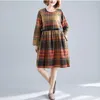 Johnature Vintage Plaid O-neck Pockets Autumn Cotton Long Sleeve Women Dresses Loose Leisure Patchwork Female Dress 210521