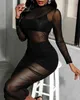 Printemps Été Femmes 3 Pcs Top Shorts Dress Set New Femme Crop Vest Skinny Shorts Sheer Mesh Midi Bodycon Dress Costumes 210415