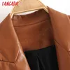 Tangada Women Fashion Brown Faux Leather Blazer Coat Vintage Long Sleeve Female Outerwear Chic Tops QN74 210609