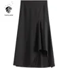 FANSILANEN Asymmetrical ruffle elegant black long skirt Women high waist autumn sexy a-line skirt Female slim vintage skirt 210331