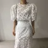 Korejpaa Women Dress Sets summer Korean Chic Elegant O-Neck Lace Crochet Short Sleeve Shirt and High Waist Split Skirt Suit 210526