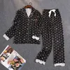 Lodowa jedwabna piżama zestawy drukarskie damskie piżama z długim rękawem z długim rękawem jesień zima domowe garnitury Lapel Sexy Lingeres Koronki Pijama 2Pack 210928