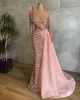 Robe de soirée de forme sirène de luxe, rose, perles, manches longues, avec des appliques, avec traîne, vêtements de fête pour femmes, célébrité, PRO232, 2022