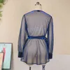 Femmes bleu maille voir à travers Blouse col en V hauts à manches longues Sexy Transparent avec ceinture taille chemise d'été élégant Blusa 210416