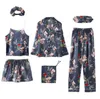 Chic Fruit Floral Print Shirt Pyjama Suits Elastische Taille Wide Been Shorts Broek Vrouwen Losse Lange Mouw Blouse Tops 7 Stuks Set 210429