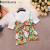 Nomikuma Sommar Tshirt Sätter Kort O-Neck Slim Graphic T Shirts + Floral Bowbandage Sling Vest Koreanska Söta kostymer 6g233 210427