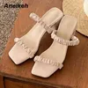 Mulheres das summer gai sapatos spinsed toe slippers pu high heels slides procise pleate خارج الأرجواني الصلب الأرجواني 210507 25326