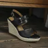 Meotina Alpargata Plataforma Cuñas Sandalias Cuero Real Zapatos de tacón súper alto Hebilla de punta redonda Calzado femenino Verano Marrón 210608