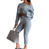 Tracksuits femininas Casual Knit Set Two-Peça Outfit Camisola de Manga Longa Camisola Curta Pullover Crop Top Calças de cordão