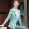 Light Green Blazer Kobiety Wiosna Lato Moda Moda Tempermant Pół Rękaw Slim Kurtka Biurowe Panie Płaszcz roboczy 210604