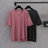 M-4XL Plus Taille Femmes Été Mince Pull Pull Pull à manches courtes Col V Solide Corée Pulls surdimensionnés T-shirt 210604