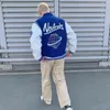 NetraLLALS Blue Varsity Bomber Bomber Gooking Человек Контрастные Рукава ПУ Кожаные Пальто Вышивка Вышитые Повседневная Повседневная Лондон Бейсбол Куртки Женщины 211028