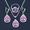 Earrings & Necklace Promotion Pink Cubic Zircon Water Drop Silver Color Jewelry Set Ring Bracelet275d