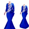 2022 Herfst Winter Royal Blue Mother of the Bruid Suits Lange Mouw Dompelen V-hals Applique Ruffle Sheath Avondjurken voor Moeder