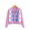 Women's Cardigan Vintage Stylish Geometric Pattern Short Knitted Sweaters Fashion Long Sleeve England Style Chic Outerwear Tops 210521