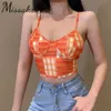 Missakso Sexig Plaid Print Spaghetti Strap Crop Top Summer Casual Women Off Shoulder Y2K Backless V Neck Corset Tops Streetwear 210625