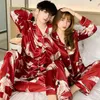 Verão seda cetim pijama set mulher impresso manga longa sleewear pijamas terno feminino dormir dois pedaço loungewear plus tamanho 211103