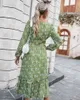 花柄の服のための長袖の秋のドレスは女性服白い自由奔放に生きるカジュアルMidi Elegant Vestidos Spring 210427