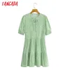 الصيف النساء الزهور طباعة الأخضر القوس الرقبة قصيرة الأكمام السيدات فضفاض البسيطة اللباس vestidos SY204 210416