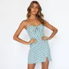 Sexy bolinhas slit vestido mulheres bowknot bodyless bodyless praia split mini algodão azul vestidos 210427