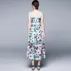 Vintage Tulip Flower Summer Women Elegant Spaghetti Strap Slash Neck Floral Printed Nail Drill Boho Long Dress 210416