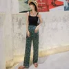 Grön Leopard satinbyxor Sommarbyxor Kvinnor Hög midja Slacks Flowty Long Pant Korean Streetwear 210427