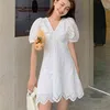 Korean Fashion Casual Summer Dress Women Sexy Drawstring V-Neck Lace Hollow Out White Mini Dresses Party Vestidos 210514