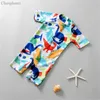 Jongens een stuk badpak 1-7 y kinderen dinosaurus badmode surfpak met zwemkap kinderen korte mouw Sunny Sandy Rash Guard