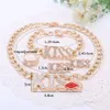 Women Charm Bridal Earrings Ring Kiss Lipstick Big Letter Pendant Sets Classic Wedding Necklace Bracelet Jewelry Set