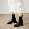 本革女性ブーツハイヒール足首厚い靴スクエアトーショートレディース秋冬ブラック43 210517