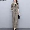 Herbst Koreanische Mode Plaid Frauen Zwei Stück Hosen Anzüge Sets Langarm Mantel + Breite Bein Outfits Elegante 210518