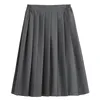 Skirts Women High Waist Midi Skirt 2021 Vintage Style Elastic Ladies A Line Gray Fashion School Casual Pleated