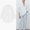 ZA Beyaz İşlemeli Bluz Kadın Puf Kollu Ön Dantel Ekler Bahar Bluzlar Kadın Moda Pileli Vintage Gevşek Top 210602