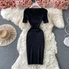 Summer Dress Solid Color Women's Knitted Bodycon Elegant Square Collar Short-sleeved Elastic Knee Length Casual 210603